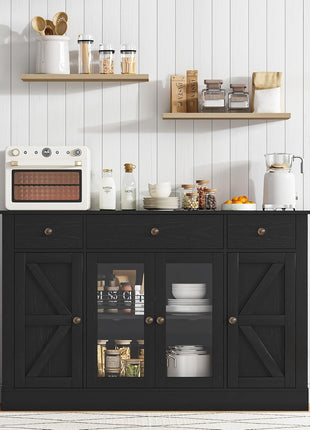 55-Inch Farmhouse Coffee Bar Cabinet with Glass Doors, Four Doors, Three Drawers, and Adjustable Shelves for Kitchen and Dining Room, Black Finish