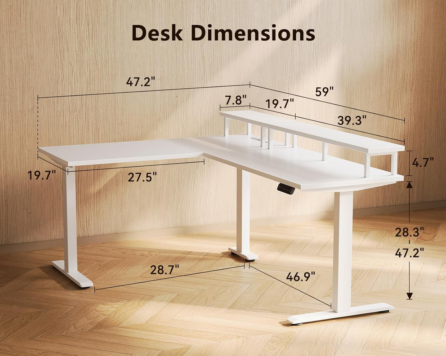Electric L-Shaped Standing Desk, 59 Inch Height Adjustable Office Desk with Monitor Stand, Sit-Stand Desk with Power Outlets, Large Lift Table for Home, Office, Workstation, White