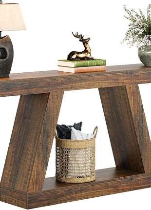 55-Inch Rustic Farmhouse Console Table with Storage - Industrial Wooden Entryway Table for Hallway and Living Room in Dark Brown