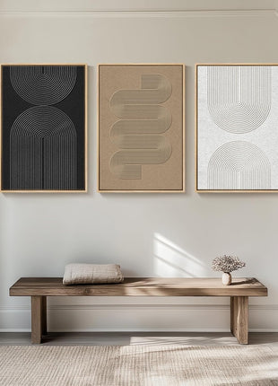 Large Framed Bohemian Modern Neutral Abstract Wall Art Set - 3-Piece Black and White Canvas Prints for Living Room, Office, Bedroom, and Dining Room Decor - 24x36 Inches