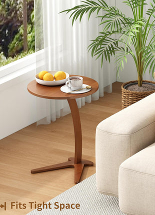 C-Shaped End Table - Compact Round Side Table for Living Room and Bedroom, Versatile Solid Wood TV Tray for Limited Spaces (15” Chestnut)
