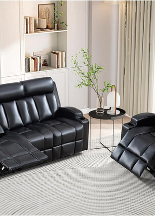 Premium PU Leather Manual Recliner Chair for Adults with Cup Holders and Padded Backrest, Overstuffed Heavy Duty Reclining Sofa for Living Room and Bedroom, Black