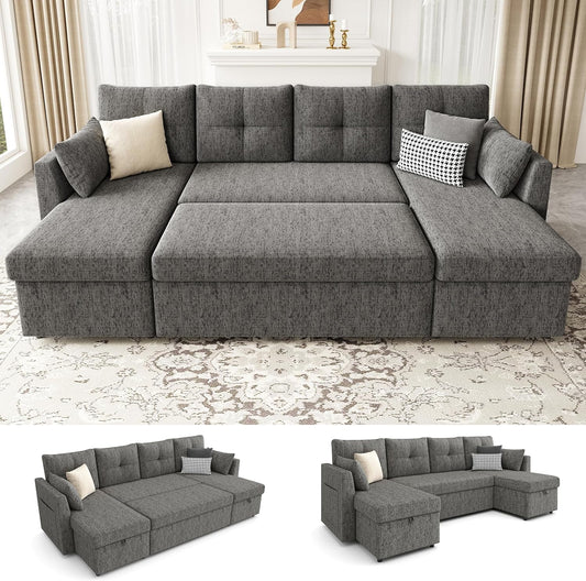 Oversized Sleeper Couch Sofa, 110 Inch 2 in 1 Pull Out Couch with Double Storage Chaise, Sectional Sleeper Sofa Bed with Side Pocket for Living Room, Dark Grey