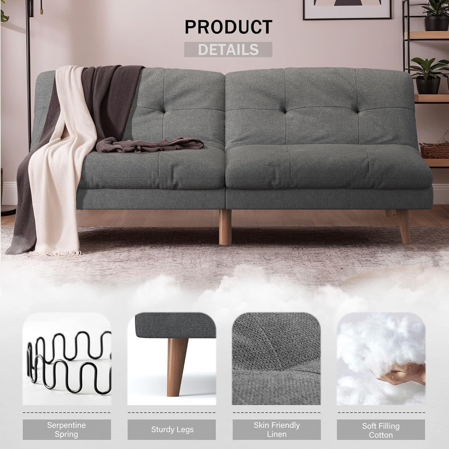 Convertible Futon Sofa Bed Futon Couch with Adjustable Back Upholstered Sleeper Sofa Bed for Living Room Furniture (Fabric,Grey)