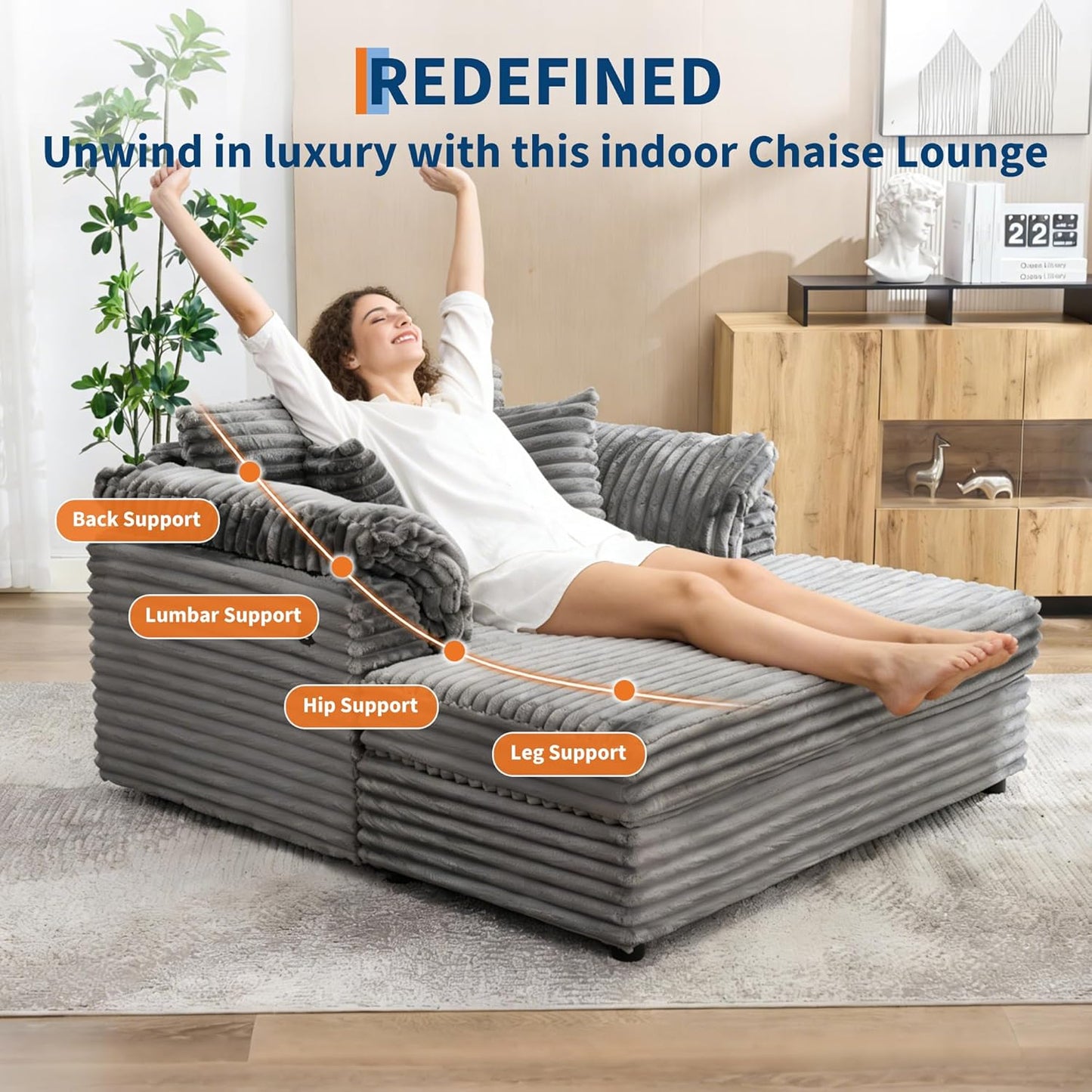 Oversized Chaise Lounge Chair Indoor Upholstered Sofa Bed with Throw Pillows and Armrests Comfy Corduroy Sleeper Couch with Cup Holders and Charging Port for Living Room Bedroom 60 Inch Wide Grey