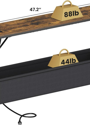47.2" Modern Industrial Narrow Console Table with Storage and Power Outlets, Rustic Brown Finish, Ideal for Entryway, Living Room, Bedroom, and Office, Includes Anti-Tip Kit