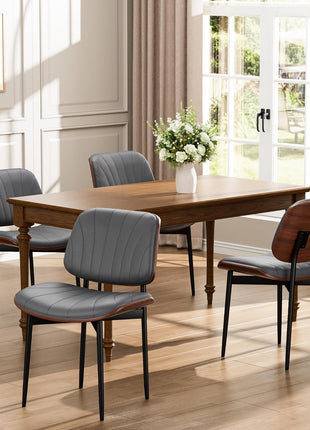 Set of 4 Mid-Century Modern Dining Chairs in Gray Upholstered PU Leather with Walnut Bentwood and Metal Legs