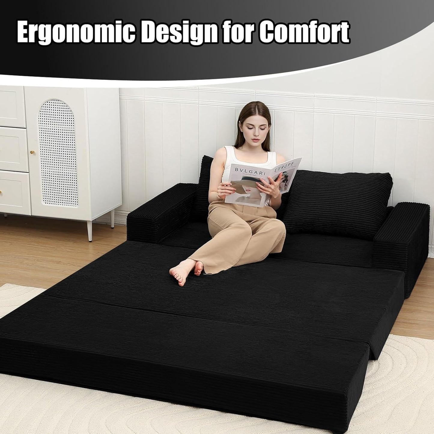 Convertible Sofa Bed Queen, Corduroy Folding Floor Couch Pull Out Couch Bed Futon Sleeper with Pillows, Fold Out Boneless Sofa Comfy Lounge Mattress Loveseat for Living Room Bedroom, Black