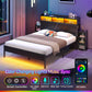 Bed Frame Queen Size with Bookcase Storage Headboard, Slide Out Bedside Storage, Bed with Charging Station & LED Lights, Heavy Duty Metal Slats, No Box Spring Needed, Noise Free, Black