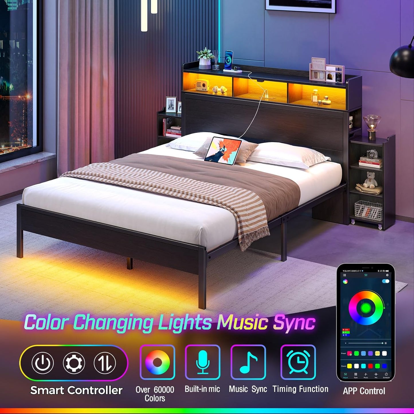 Bed Frame Queen Size with Bookcase Storage Headboard, Slide Out Bedside Storage, Bed with Charging Station & LED Lights, Heavy Duty Metal Slats, No Box Spring Needed, Noise Free, Black