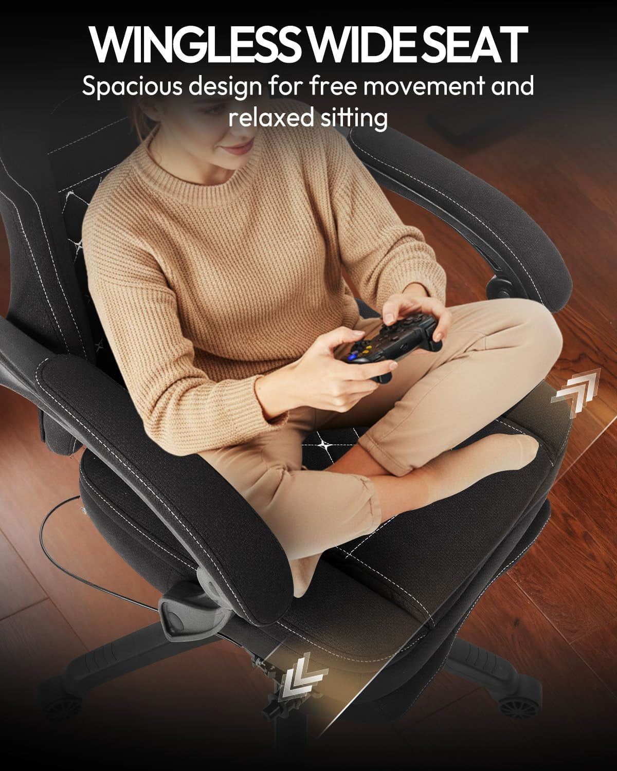 Gaming Chair with Footrest, Breathable Fabric Ergonomic Gamer Chair for Home Office, Extendable Long Leg Rest for Napping, Soft Seat with Lumbar Support, Gel Pad and Storage Bag, Black