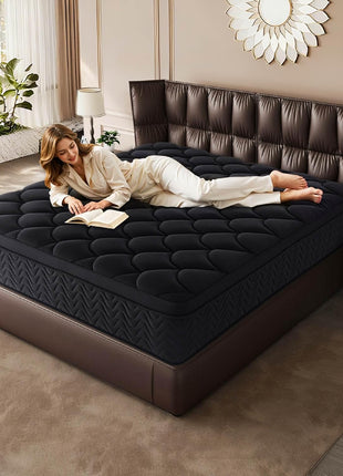 12-Inch Full-Size Black Innerspring Mattress with Individual Pocket Springs for Enhanced Motion Isolation and Pressure Relief, Conveniently Delivered in a Box (54”W x 75”L)