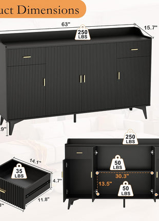 63" Black Fluted Sideboard Buffet Cabinet with Drawers and Storage for Modern Kitchens and Living Rooms