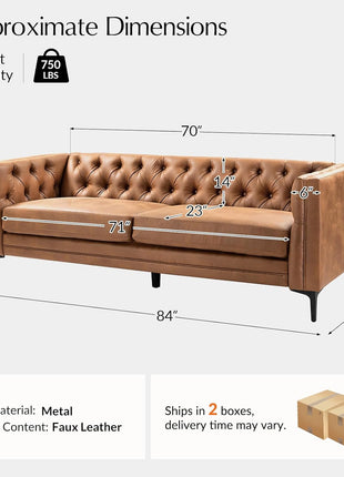 84" Faux Leather Upholstered 3-Seater Sofa with Metal Legs, Button-Tufted Design, Mid-Century Modern Style for Living Room and Entertainment Areas, Camel Color