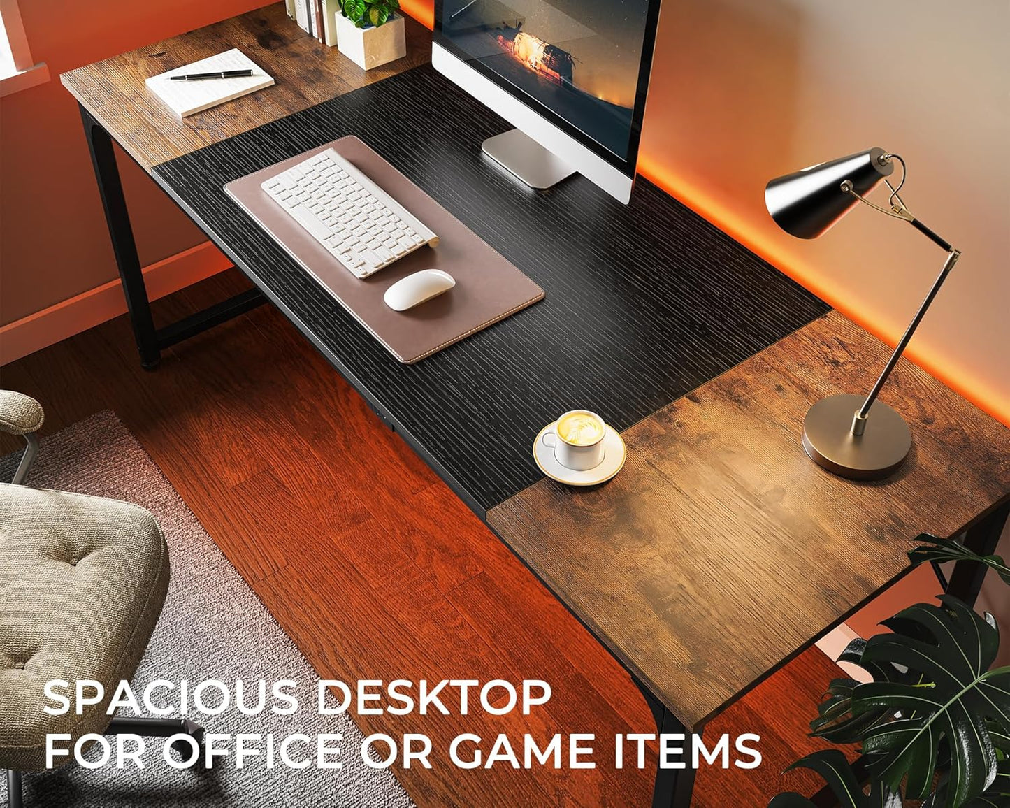 Computer Desk, 70 Inch Office Desk, Gaming Desk with Storage, Writing Desk Work Desk for Home Office, Study, Long Simple Desk, Large Legroom, Metal Frame, Rustic Brown and Black