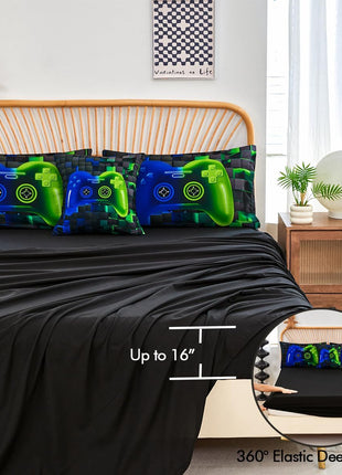 6-Piece Full Size Bed in a Bag Video Game Bedding Set for Boys, Featuring Soft 3D Printed Comforter and Sheets in Blue and Green, Ideal for Kids and Teens