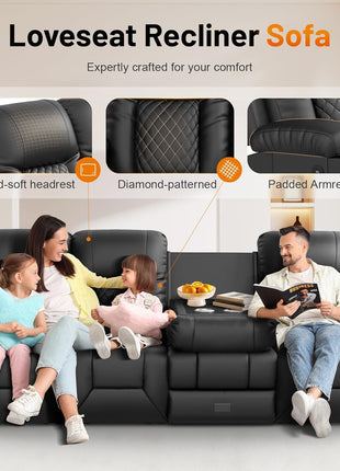 4-Seater Dual Reclining Sofa with Flip-Back Console, Modern PU Leather Couch for Living Room/RV, Featuring Storage Drawer, USB Ports, Cup Holder, and Cell Phone Holder in Black