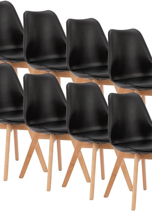 Set of 8 Mid-Century Modern Dining Chairs with Wooden Legs and PU Leather Cushions for Living Room, Bedroom, and Outdoor Use in Black