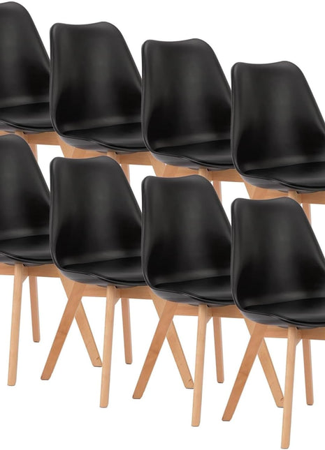 Set of 8 Mid-Century Modern Dining Chairs with Wooden Legs and PU Leather Cushions for Living Room, Bedroom, and Outdoor Use in Black