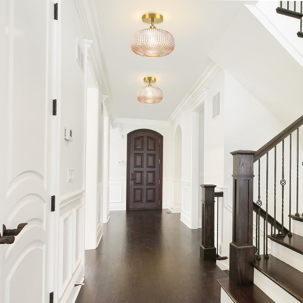 Semi Flush Mount Ceiling Light,Vintage Ceiling Light Fixture,Hallway Lighting Fixture with Amber Glass Shade,Globe Glass Light Fixture,Kitchen Lighting Fixtures Ceiling for Bedroom,Bathroom,Porch