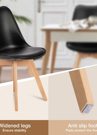 Set of 8 Mid-Century Modern Dining Chairs with Wooden Legs and PU Leather Cushions for Living Room, Bedroom, and Outdoor Use in Black