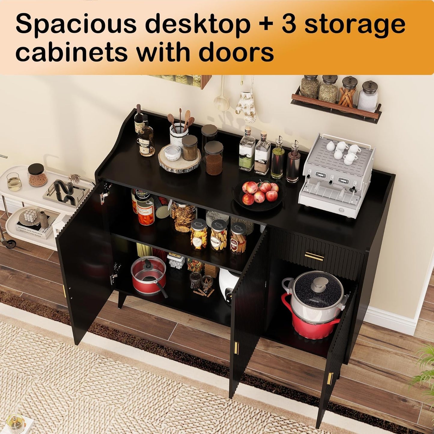 Sideboard Buffet Cabinet with Drawers: 47" Black Fluted Sideboard Cabinet with Storage, Modern Dining Room Cabinets Storage, Credenzas for Living Room(47")