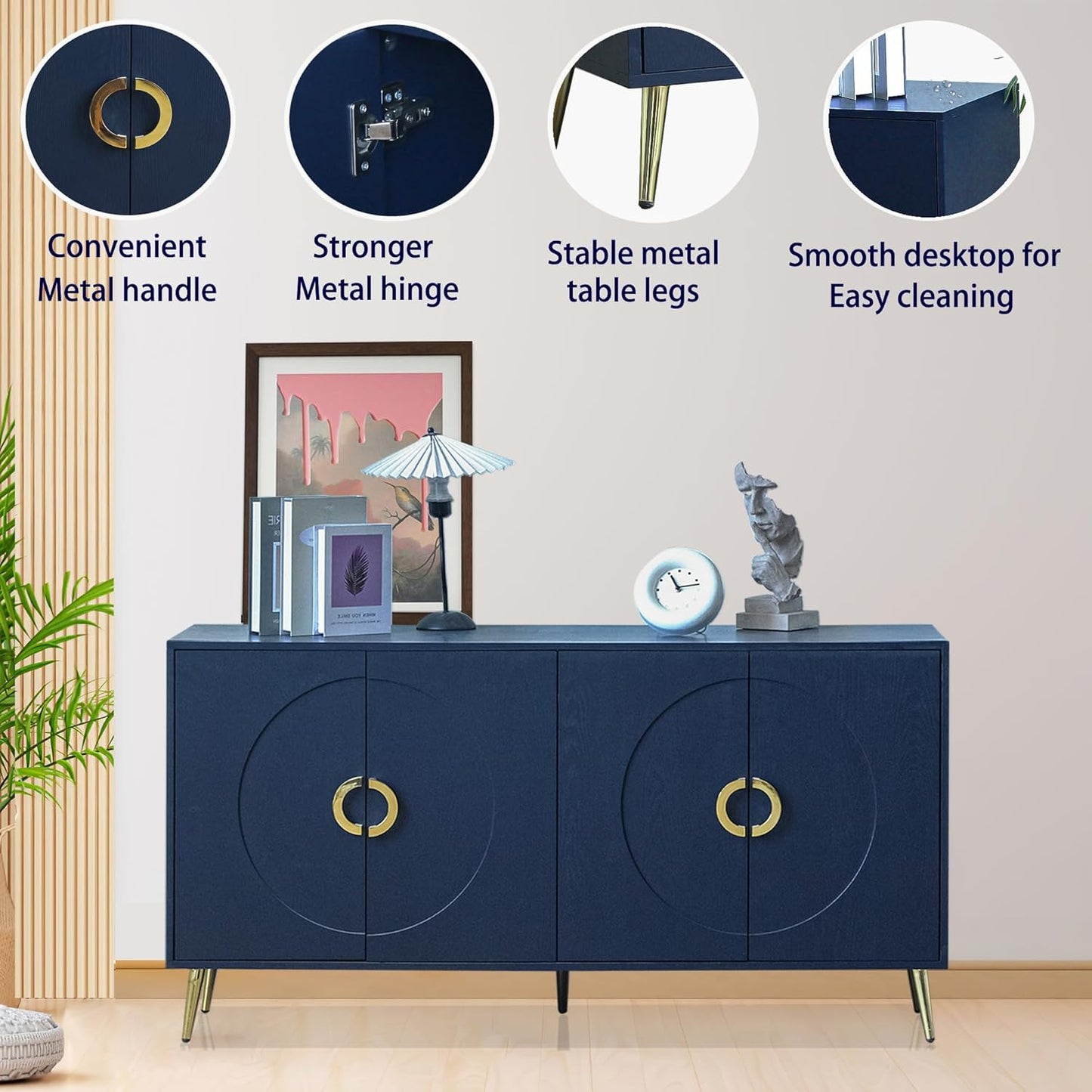 Modern Lacquered 4 Door Wooden Cabinet Sideboard Buffet Server Cabinet Storage Cabinet, for Living Room, Entryway, Hallway, Office, Kitchen and Dining Room, Navy Blue, Cabinets
