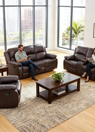 Leather Recliner Sofa Set: 3-Piece Sectional Furniture with Convertible Table & Cup Holders for Living Room, RV, or Office in Brown Leather
