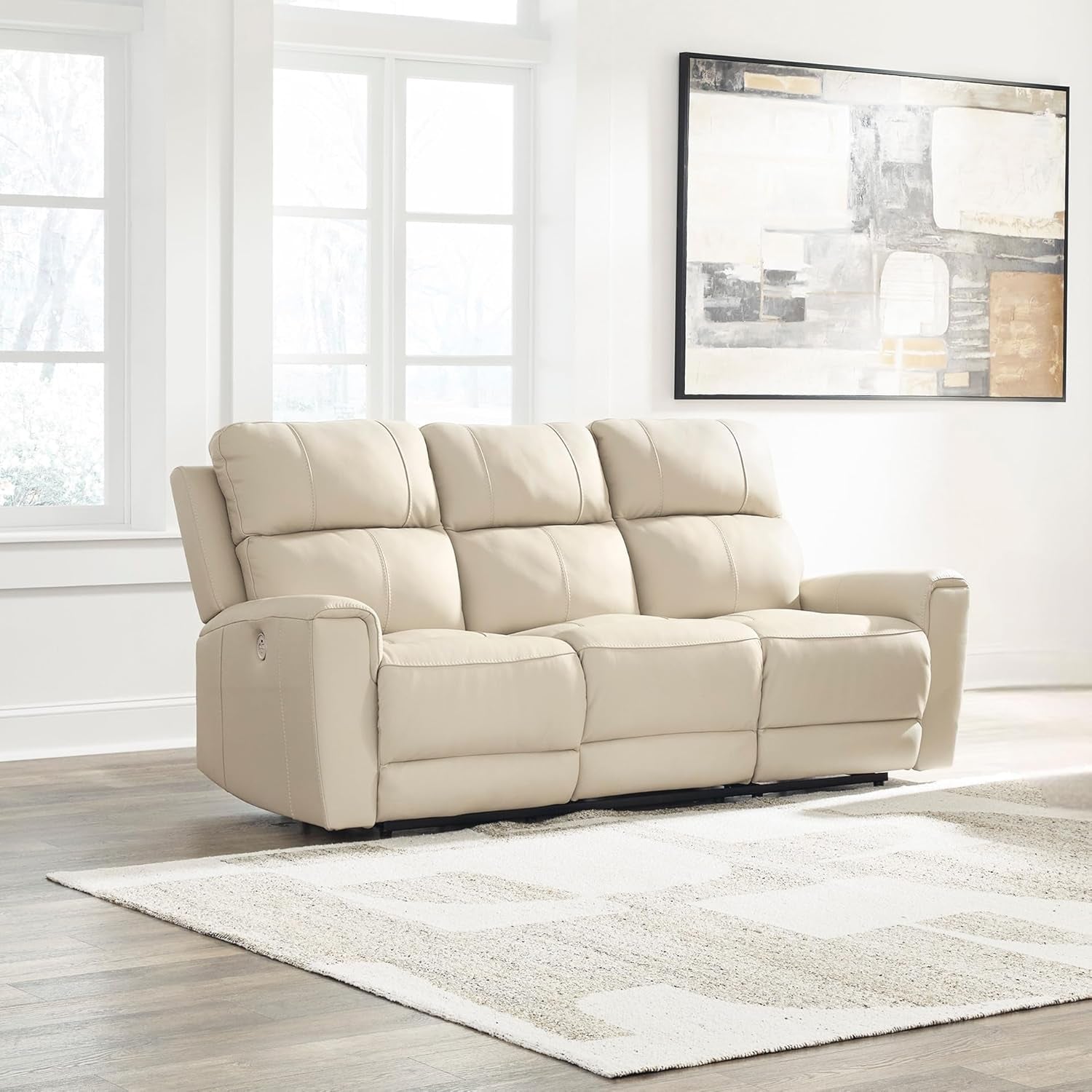 Dahlmoore Modern Leather Match Power Reclining Sofa with USB Ports, Beige