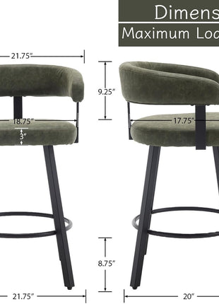 Contemporary Set of 2 Green Counter Height Bar Stools - Upholstered Leather with Metal Legs and Footrest, Perfect for Dining Rooms, Home Bars, Kitchen Islands, and Pubs, 25 Inch