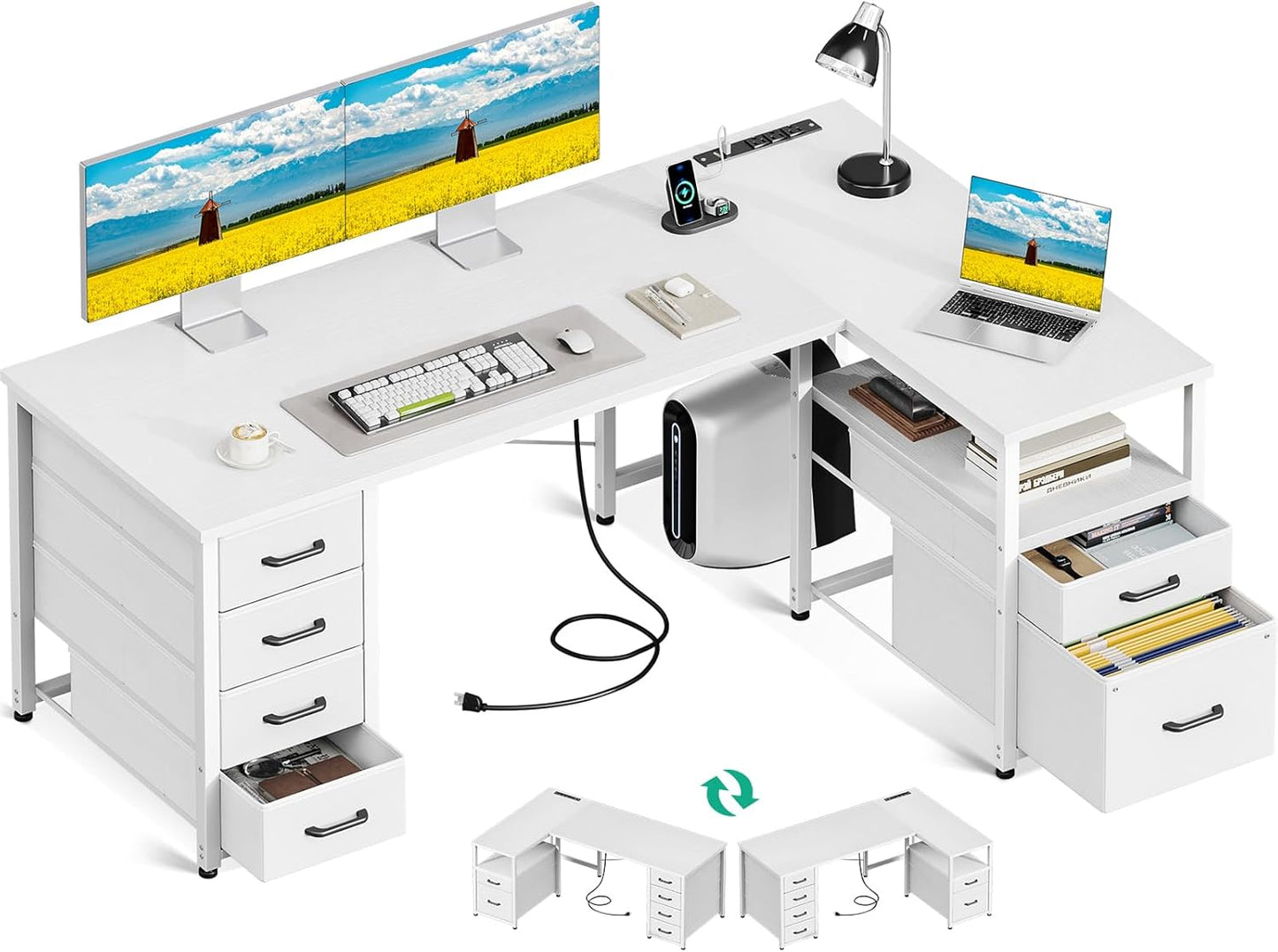 L Shaped Computer Desk with 6 Drawers & Power Outlet, 55 Inch Corner Desk with Reversible Storage Shelf & File Drawer, Home Office Desk, White