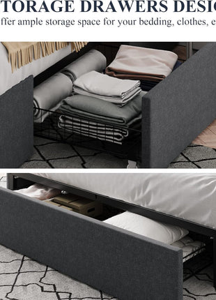 Full Size Upholstered Platform Bed Frame with 3 Storage Drawers, Wooden Slat Support, No Box Spring Required, Noise-Free Design, Easy Assembly, Dark Grey