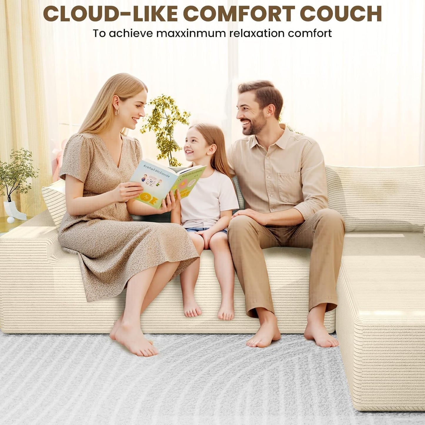 107" Cloud Sectional Couch with Deep Seat，Modern Modular Sofa with L-Shape Chaise，No Assembly Required, Upholstered Couches for Living Room Bedroom(Beige,Right Facing Chaise)