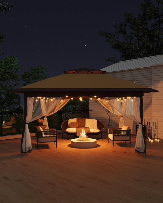 Canopy Tent 13X13 Ft, Pop up Gazebo One-Push Setup with 4 Sandbags for Backyard Parties and Bbqs, Mosquito Netting & Height Adjustable - Khaki & Coffee