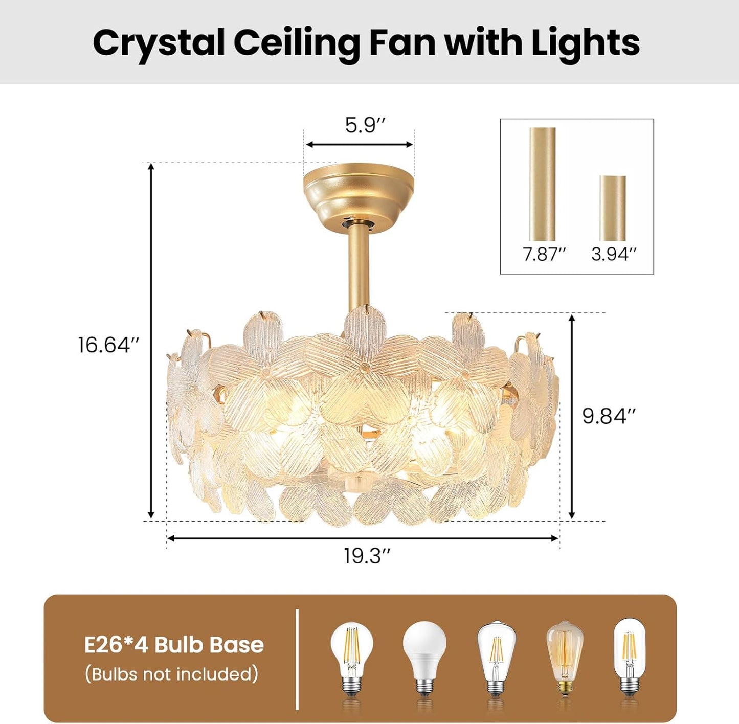 20'' Fandelier Ceiling Fans with Lights, Gold Caged Ceiling Fan with Remote Low Profile, 6 Speed and Petal, Modern Semi Flush Mount Ceiling Fan for Bedroom, Living Room, Nursery
