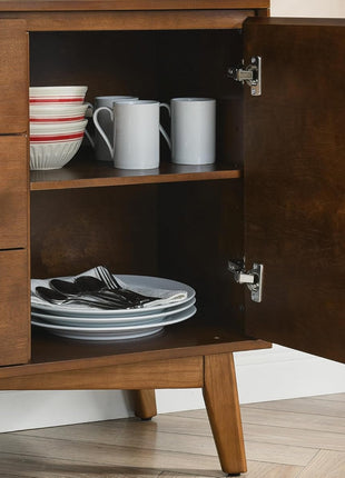 47.3" Mid-Century Modern Sideboard Buffet Cabinet with Solid Wood Frame and Legs, Featuring 2 Doors and 3 Drawers for Kitchen and Entryway in Walnut Finish