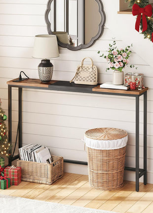 44.9-Inch Slim Console Table with Power Outlets, Rustic Brown and Black Finish, Ideal for Living Room, Foyer, and Hallway, Model BF114UXG01