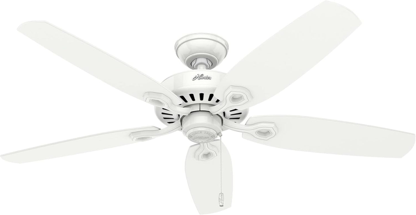 52 Inch Indoor Ceiling Fan No Light with Pull Chain - White Ceiling Fan without Light, Standard Mount, 5 Blades, for Bedroom, Living Room, or Kitchen - Builder Elite 53240, Snow White
