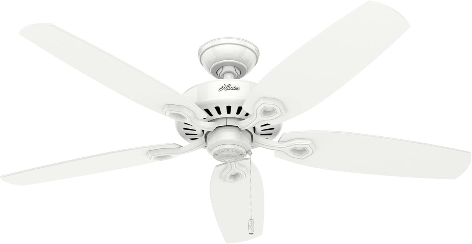 52 Inch Indoor Ceiling Fan No Light with Pull Chain - White Ceiling Fan without Light, Standard Mount, 5 Blades, for Bedroom, Living Room, or Kitchen - Builder Elite 53240, Snow White