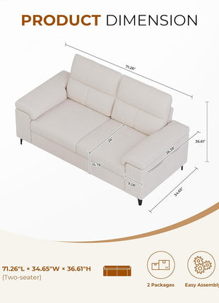 71.25" Contemporary Chenille Loveseat Sofa for Living Room, Deep Seat Design with 8" Cushion and Convertible Armrest, Removable Cover, High Legs (Beige)