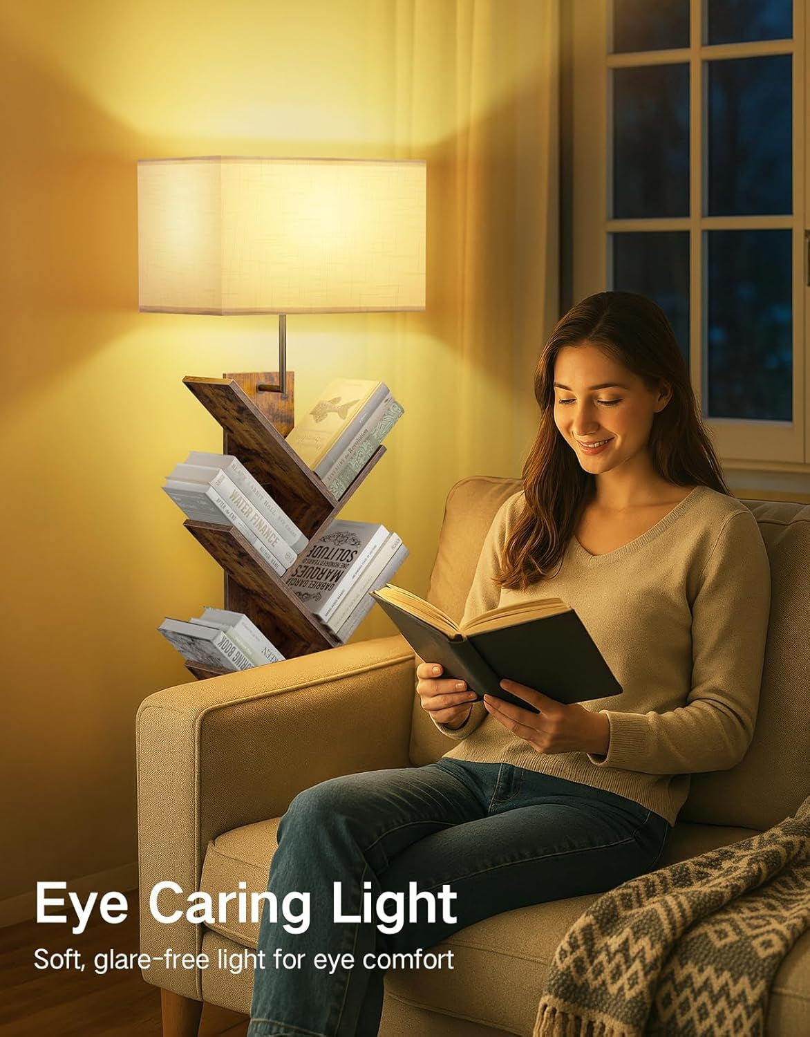 9 Tier Tree Bookshelf with Light, Remote & Timer, Modern Tall Floor Standing Book Shelf, Narrow Wood Bookcase, Small Book Organizer Shelves for Living Room, Bedroom, Office