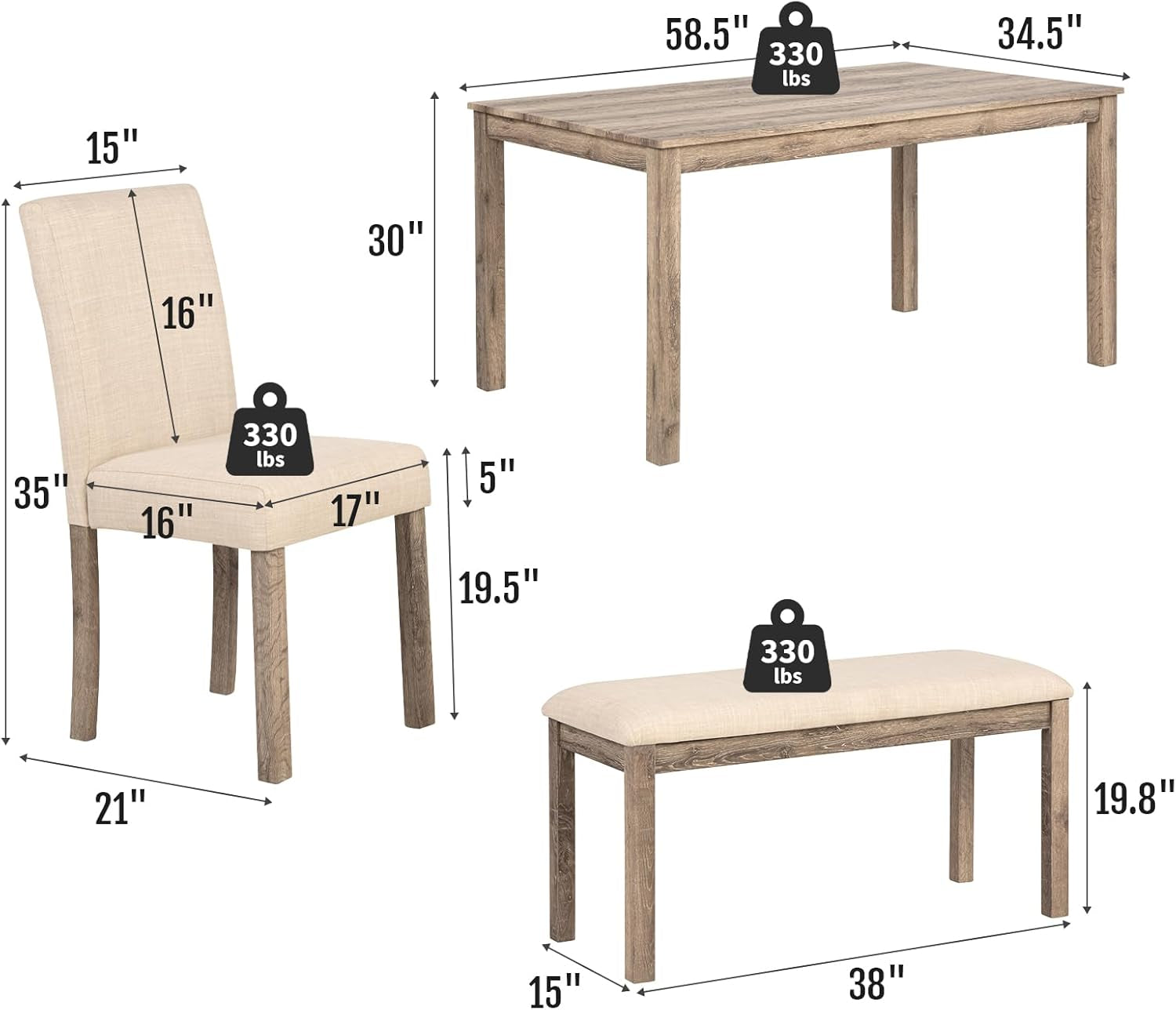 6-Piece Solid Wood Dining Table Set, Including 1 Dining Table, 4 Upholstered Chairs and 1 Bench, Wooden Legs Dining Table Set for Dining Room, Kitchen, Restaurant, Brown