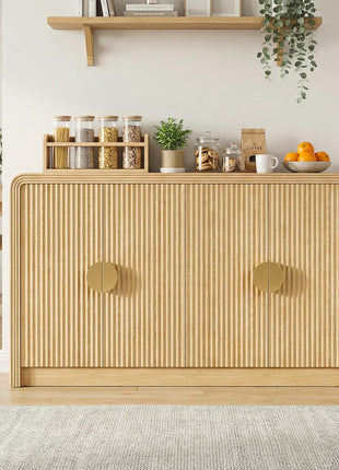55" Mid-Century Modern Sideboard Buffet Cabinet with Wavy Grain Doors and Adjustable Shelves in Natural Oak for Kitchen, Living Room, Entryway, and Coffee Bar Use