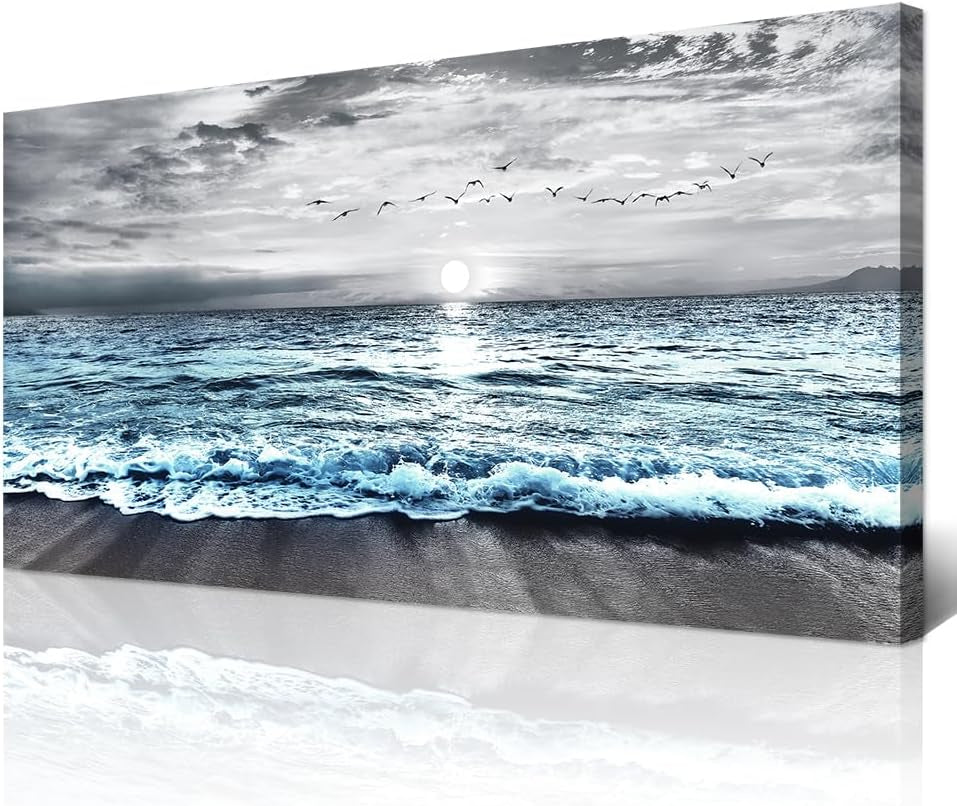 Large Canvas Wall Art for Living Room & Bedroom Decor - Black & White Blue Sea Wave Pictures - Framed Beach Posters