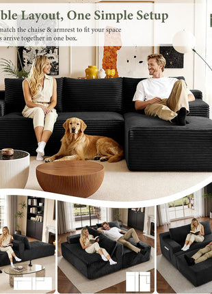 96-Inch Modern L-Shape Sectional Sofa with Chaise - Upholstered Boneless Couch for Living Room (Black, Right-Facing Chaise, 2 Seaters)