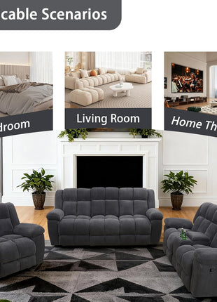 3-Piece Sectional Recliner Sofa Set with Storage and Cup Holders in Dark Grey - Corduroy Living Room Furniture for Home or Office