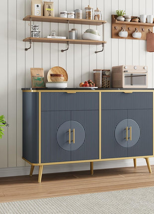 47.2" Modern Fluted Buffet Storage Cabinet with 2 Drawers and Adjustable Shelves, Navy Blue Kitchen Sideboard for Dining Room, Living Room, and Hallway