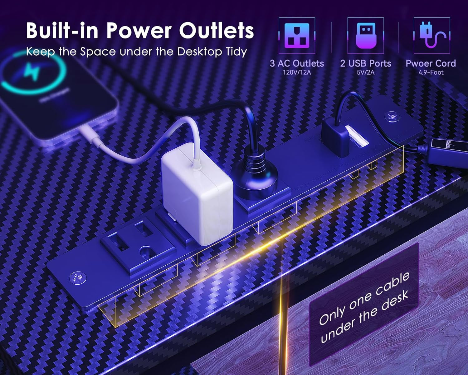 48 Inch Gaming Desk with USB Charging Ports and LED Lights, Reversible L Shaped Computer Desk with Storage Shelves & Monitor Stand, Corner Gamer Desk Table with Power Outlets, Black