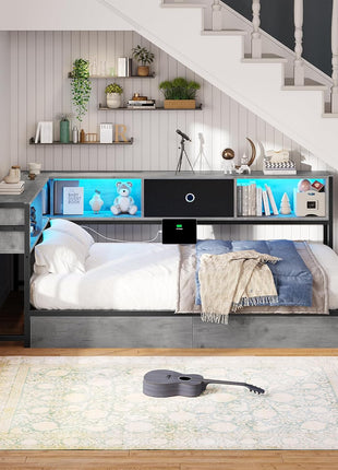 Twin Corner Bed Frame with Storage Drawers and Bookcase Headboard, Metal Platform Design with Charging Station and LED Lights, Ideal Daybed for Kids, Teens, and Guests in Oak Gray