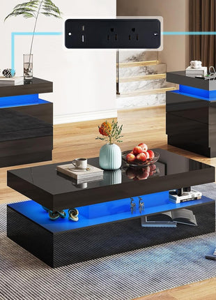 Chic Black 3-Piece LED Coffee Table Set with Charging Stations for Modern Living Spaces
